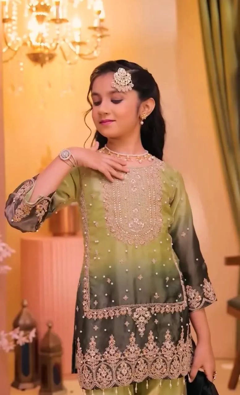 Baby 250 Gmy Silk Embroidery Sharara Suit Dupatta Kids Wear Manufacturer In Surat