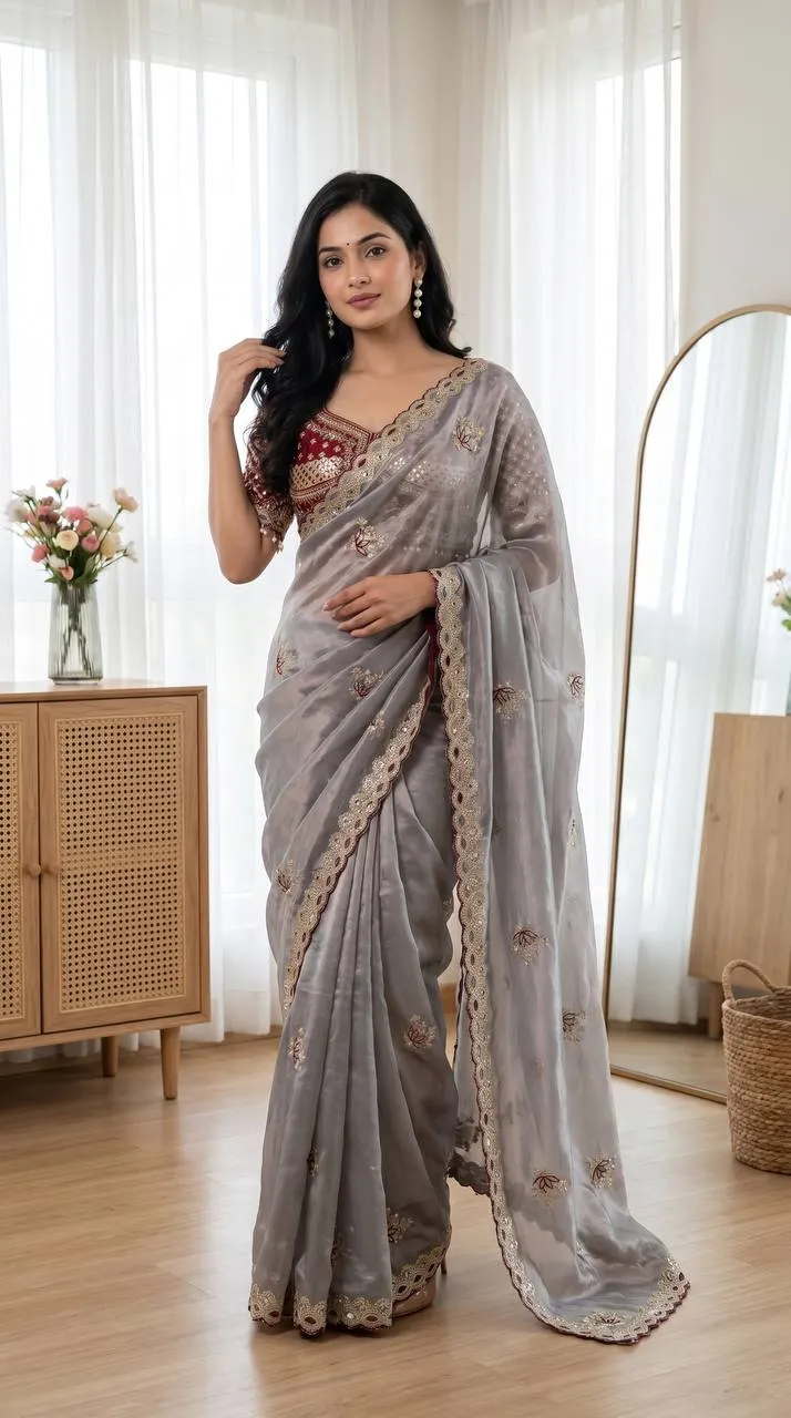 WMS Fandy Satin Embroidery Theard Work Wedding Wear Saree Collection