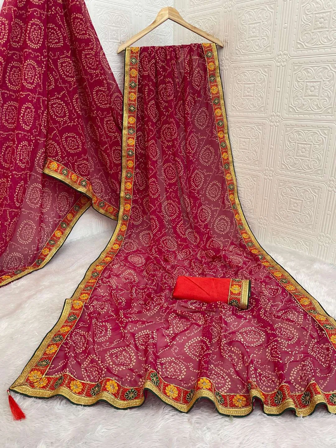 Viscose Georgette Bandhani Gota Work Saree Wholesale SANB