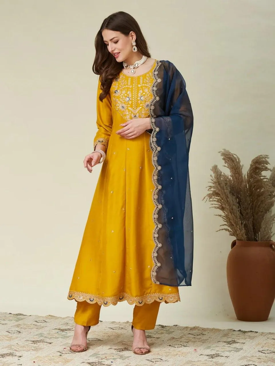 Yellow Vichitra Silk Anarkali Suit Dress Wholesale Online Beauty J 1013
