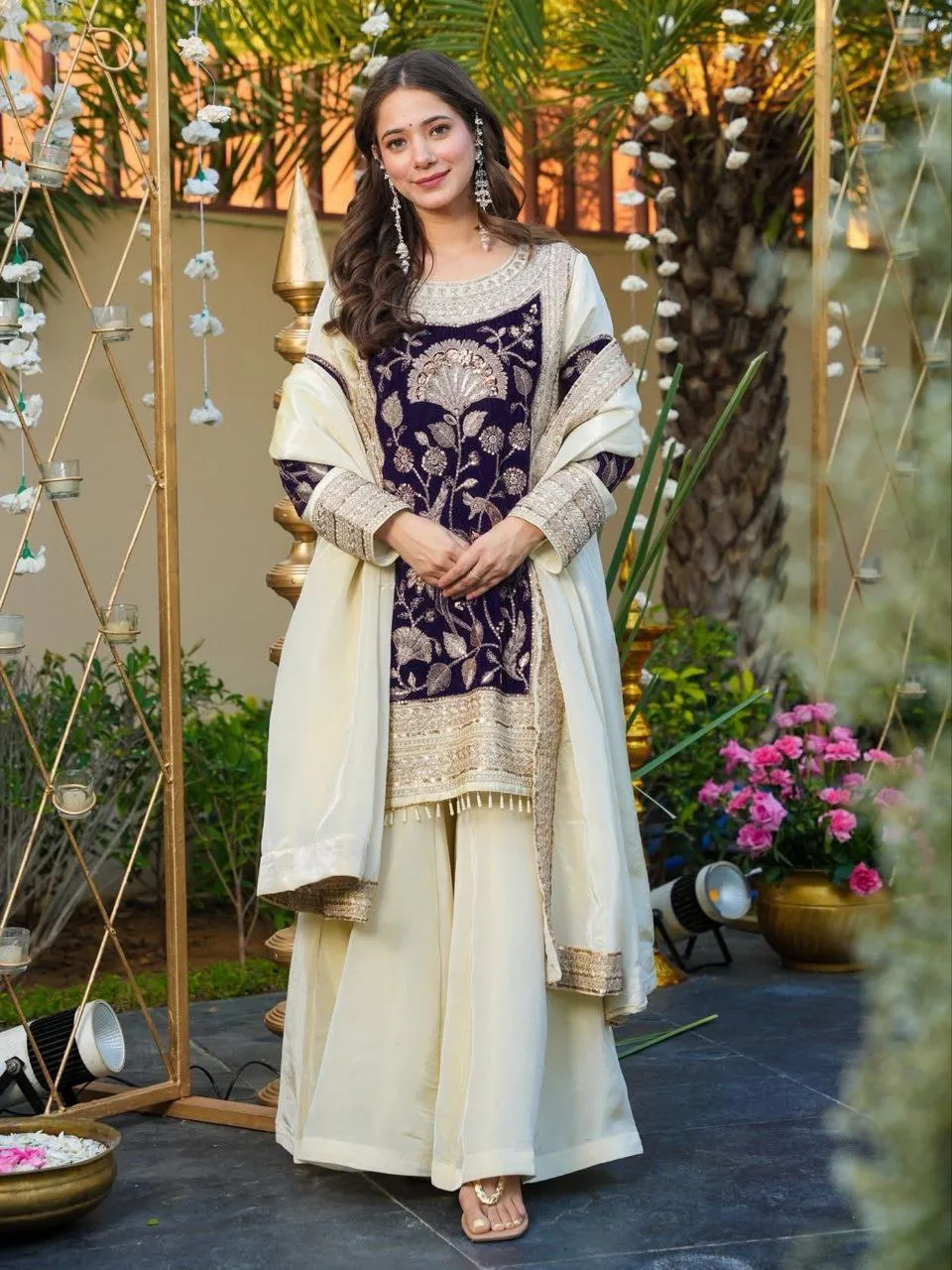 FFD French Crepe Velvet Embroidery Kurti Palzzo Set Wholesale Online Surat