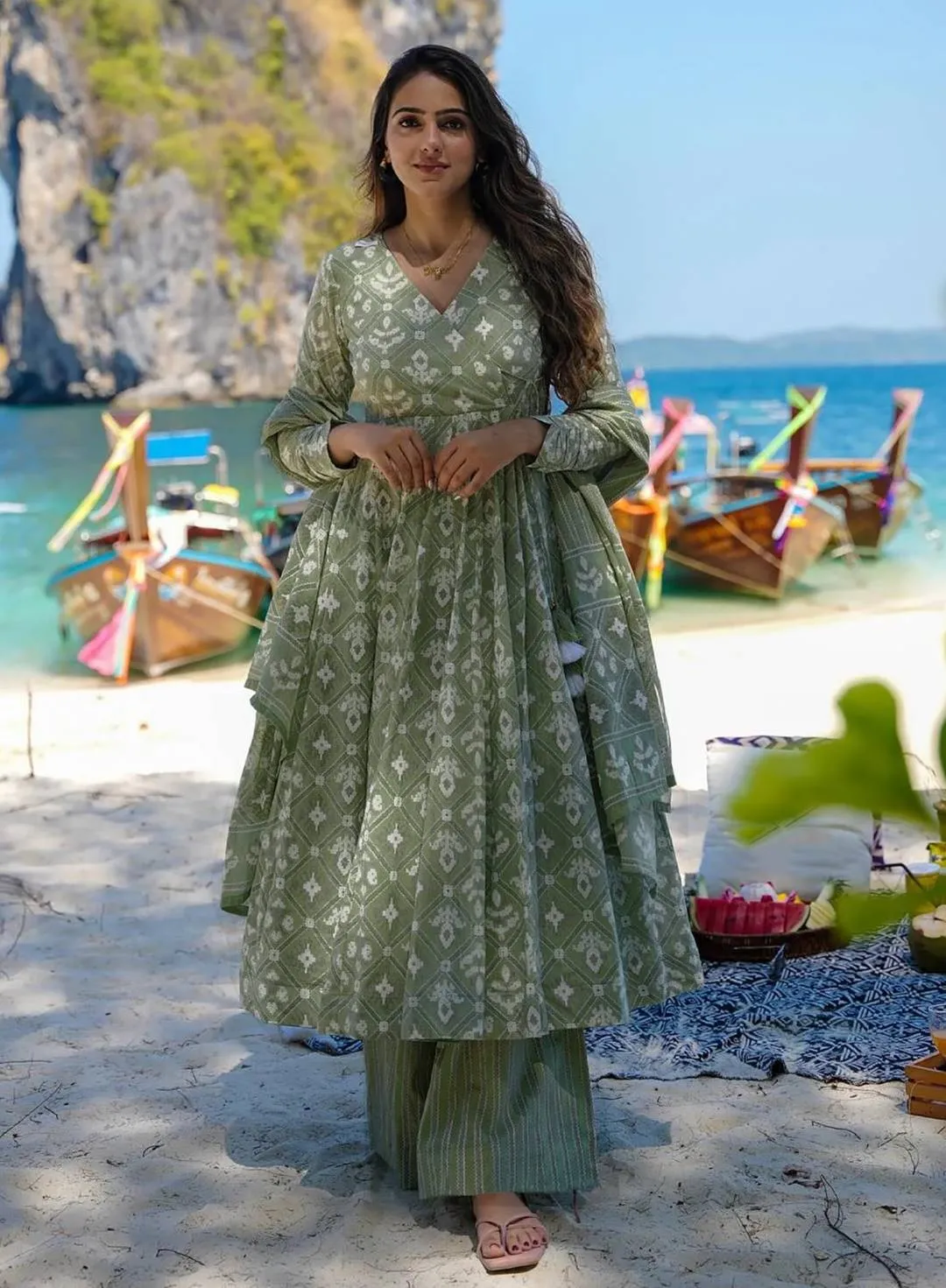 FFD Rayon Slub Printed Anarkali Sharara Suit Wholesale Surat