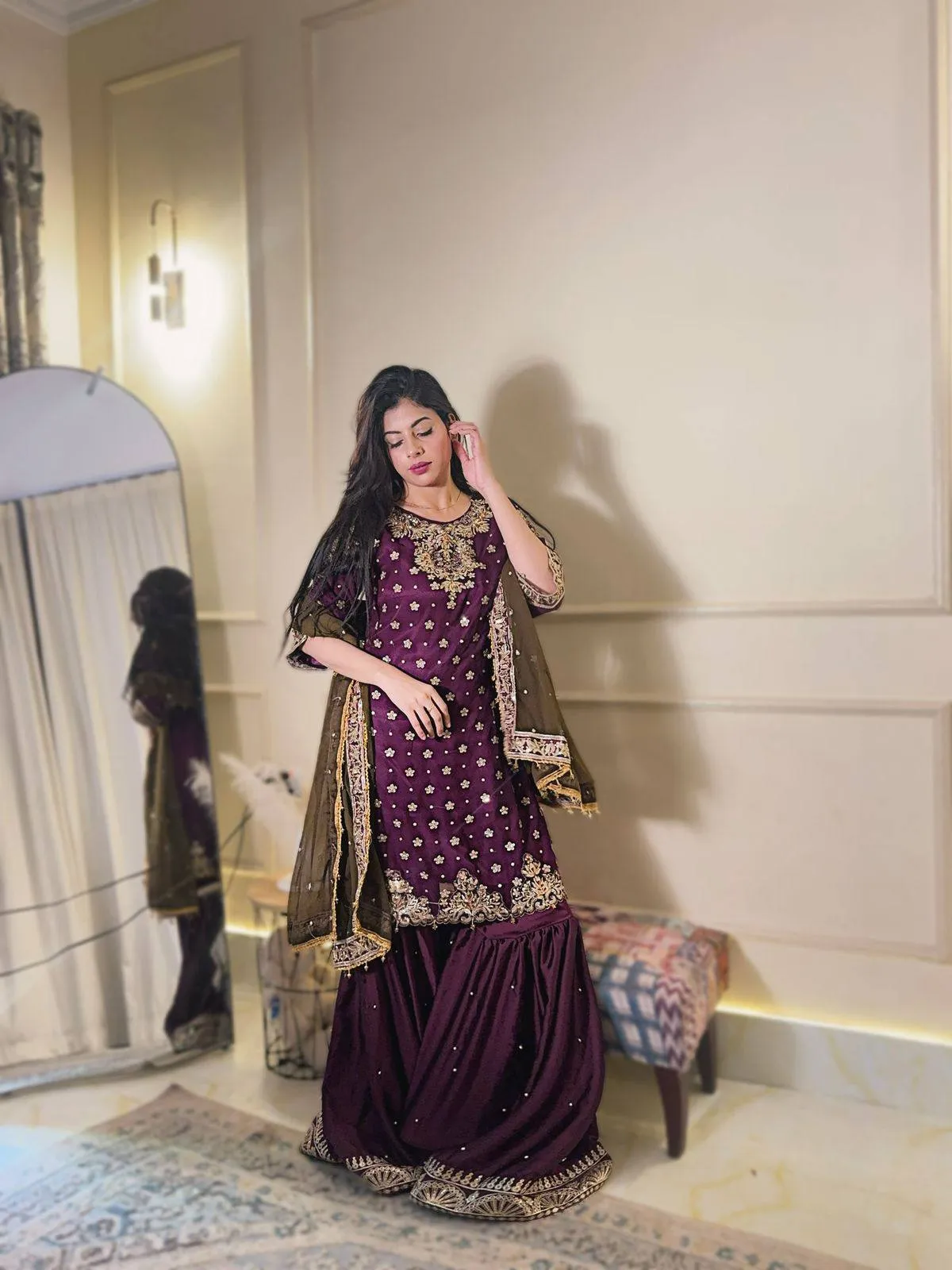 C585 1439 Chinon Silk Hand Work Sharara Suit Gown Wholesale