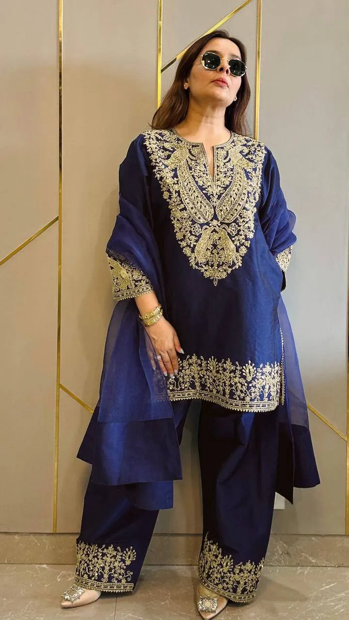 C585 1452 Chinon Silk Embroidery Festival Readymade Kurti Pant Set Wholesale