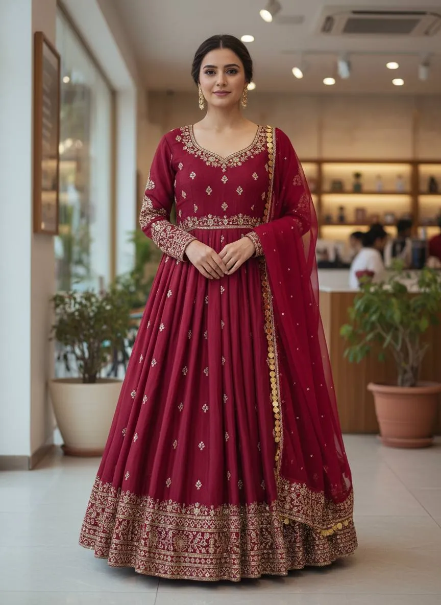 C585 1453 Chinon Silk Embroidery Work Gown Wholesale Surat