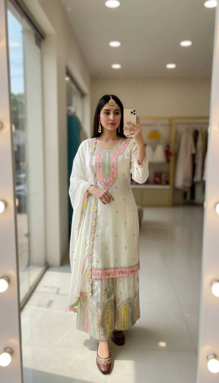 C585 1454 Chinon Silk Embroidery Festival & Party Wear Sharara Suit Wholesale Surat