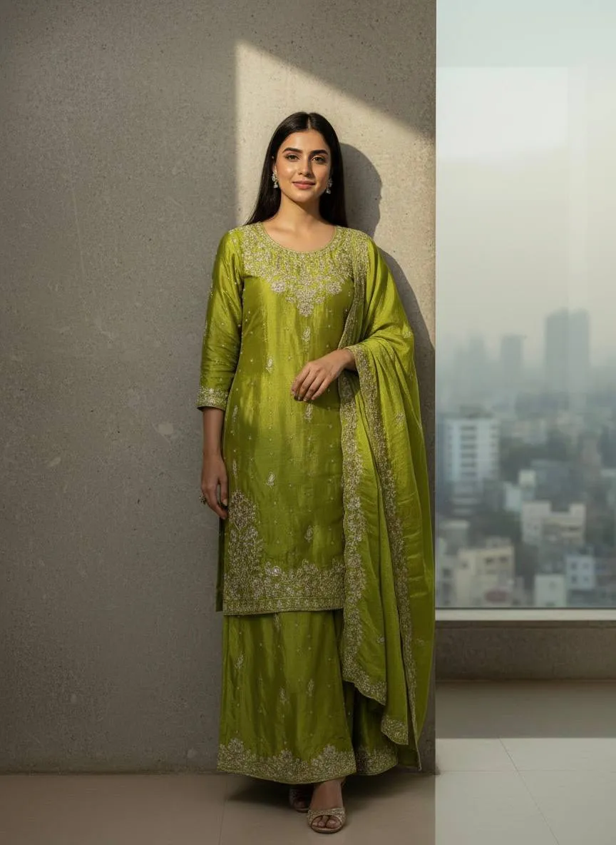C585 1455 Chinon Silk Zari Work Festival Sharara Suit Wholesale Surat