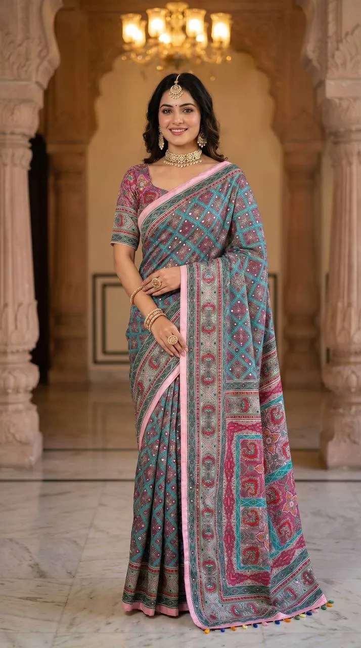 WMS Roman Silk Ajarakh Printed Mirror Work Saree Wholesale Surat