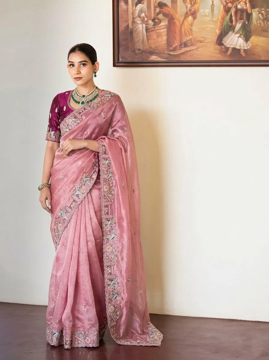 Kiara Herons Tissue Silk Embroidery Work Saree Wholesale Surat