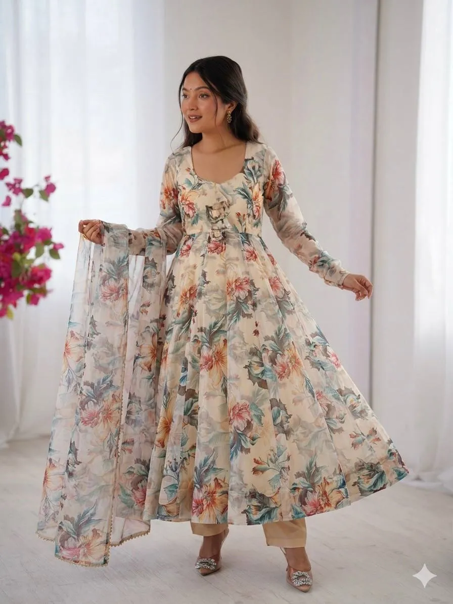 Alia 529 Organza Taby Silk Printed Readymade Gown Wholesale Surat