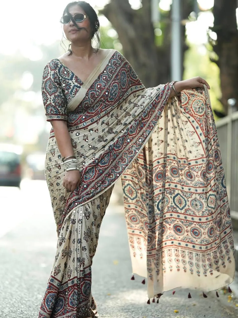 WMS Semi Model Silk Ajarakh Printed Mirror Work Saree Wholesale Surat