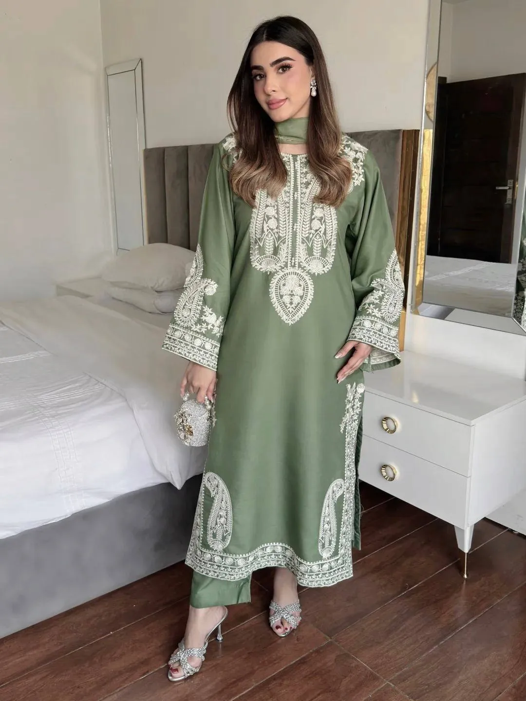 C585 1467 Chinon Silk Embroidery Kurti Palazzo Wholesale Surat