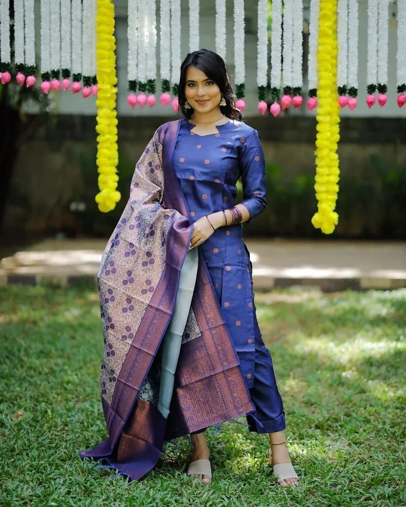 FFD Jacquard Silk Festival Work Kurti Pant Dupatta Set Wholesale Surat