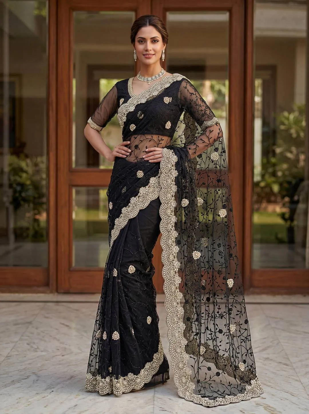 DKT Net Embroidery Diamond Work Wedding Wear Saree Wholesale Surat