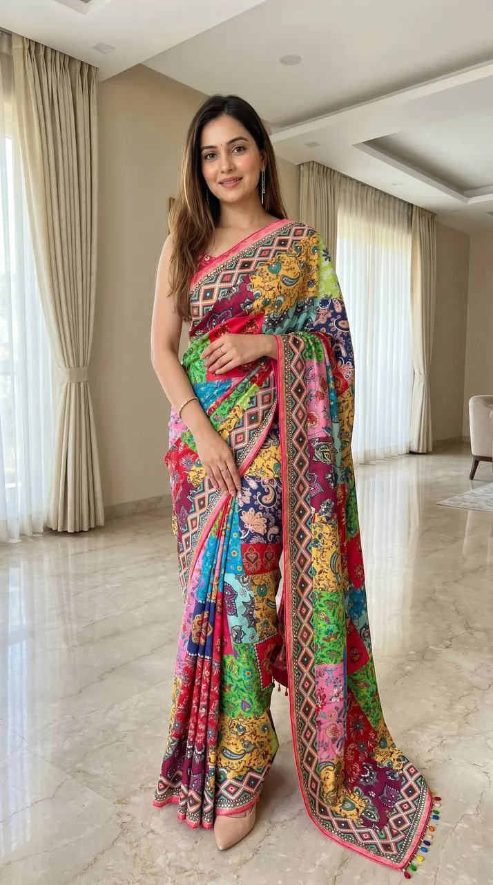 WMS Roman Silk Ajarakh Printed Mirror Work Saree Wholesale Surat