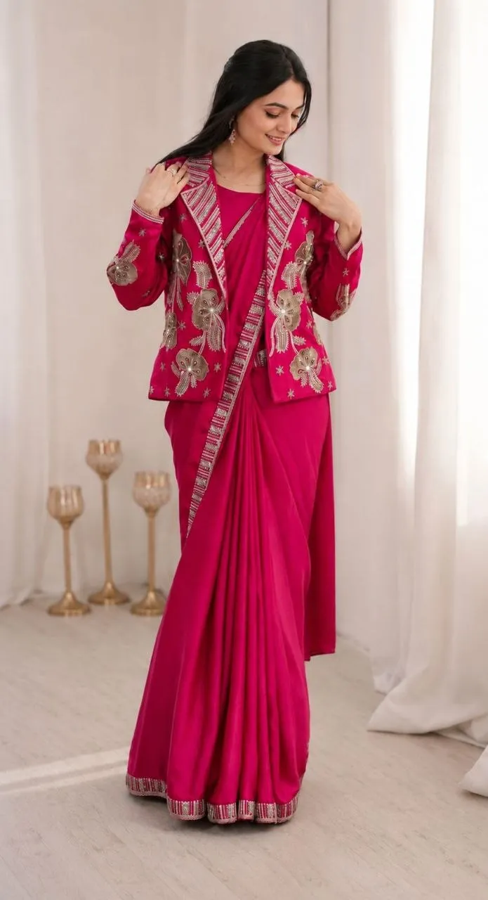 Madhuri Crep Satin Embroidery Ready To Wear Saree Wholesal Surat