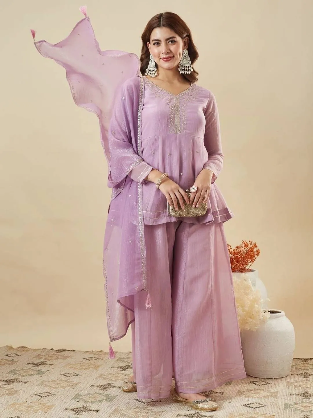 ATQ Honey Crunchy Silk Sequence Work Top Sharara Set Wholesale Surat