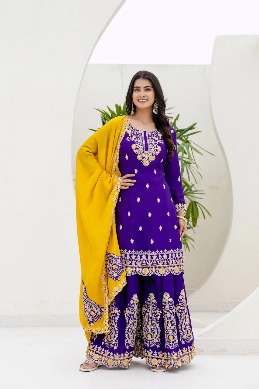 DKT 5129 Chinon Silk Codding Embroidery Work Sharara Suit Dupatta Set