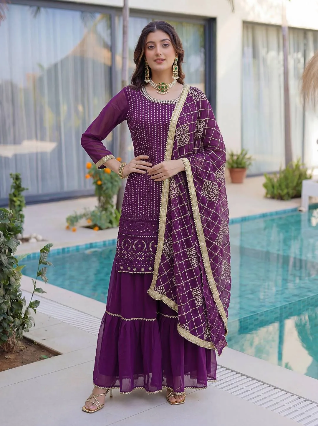 DKT 5065 Georgeet Embroidery Work Sharara Suit Eid Collection