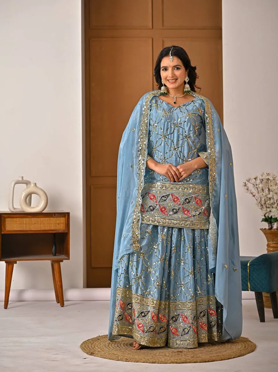 Chinon Silk Kurti Sharara Suit Online Wholesale in India MRD 3092