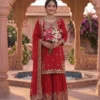 Red Chinon Silk Embroidery Kurti Sharara Palazzo Set Wholesale Surat MRD 3041