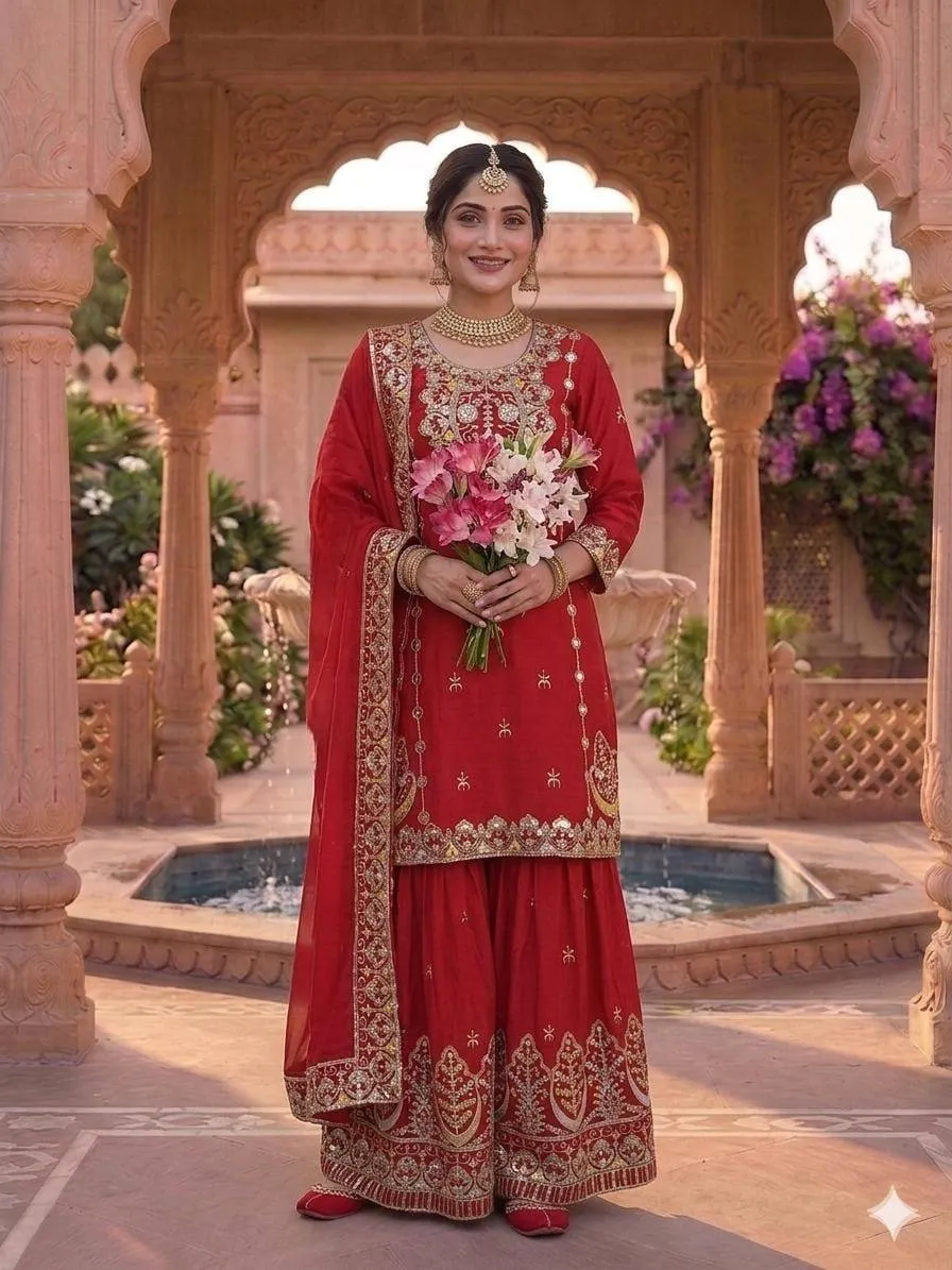Red Chinon Silk Embroidery Kurti Sharara Palazzo Set Wholesale Surat MRD 3041