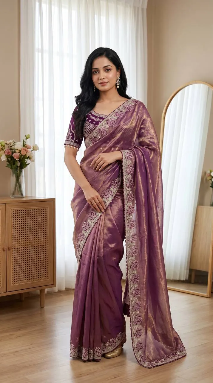 WMS Fandy Satin Silk Designer Embroidery Work Wedding Saree