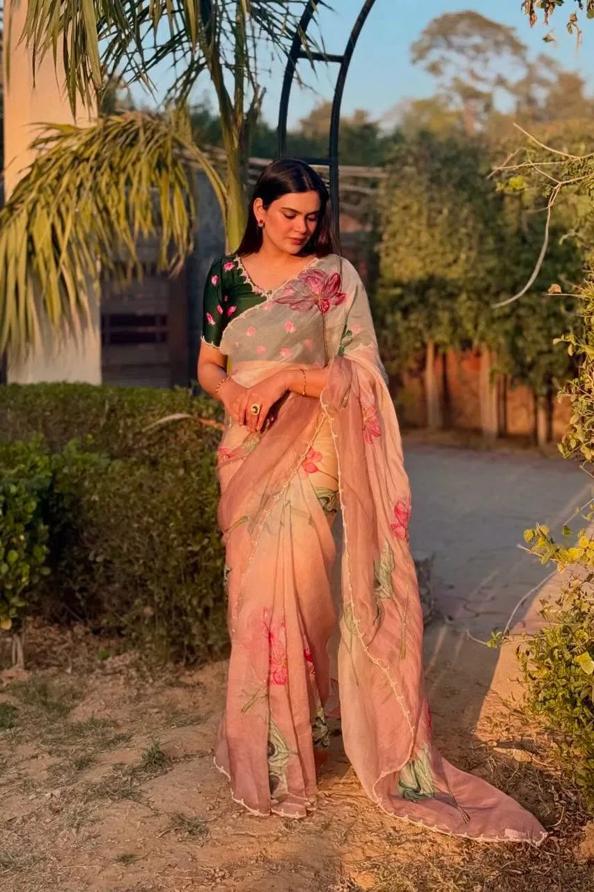 WMS Organza Silk Hand Work Baby Pink Raksha Bandhan Saree