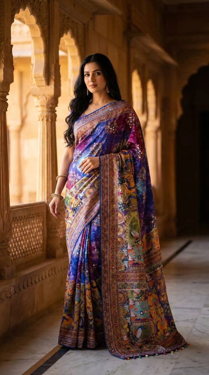 WMS Roman Silk Tranding Ajarakh Printed Mirror Work Saree