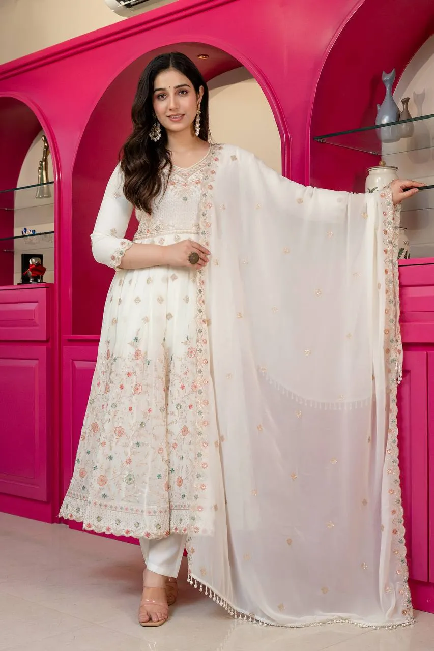 STD 6122 Blooming Zari Thread Work Anarkali Gown Pant Dupatta Set