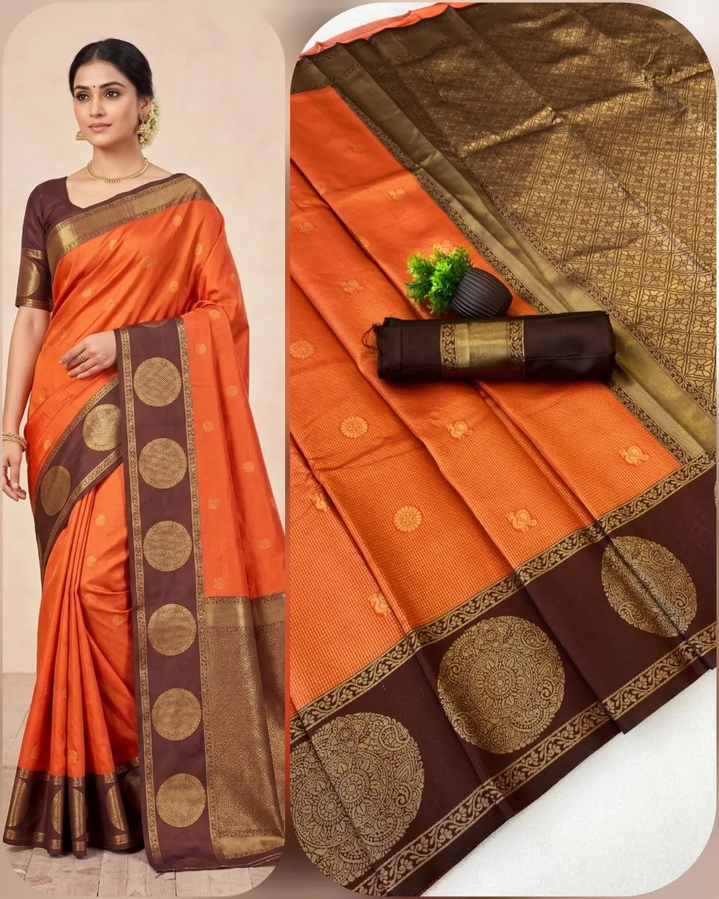 SS180 Orange Kanchivaram Silk Zari Work Festival South Style Saree