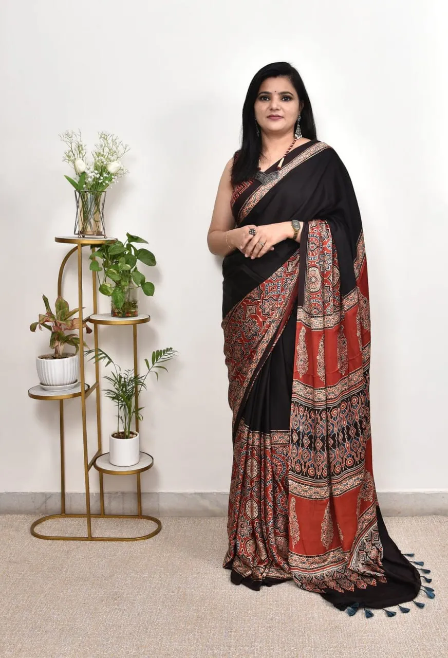 VFT Creap Silk Ajrakh Printed Saree Surat Market