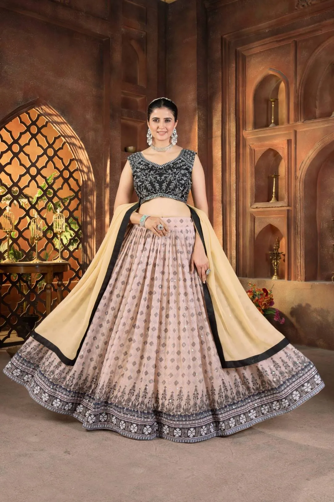 DKT 5107 Georgette Sequence Embroidery Work Cream Color lehenga choli