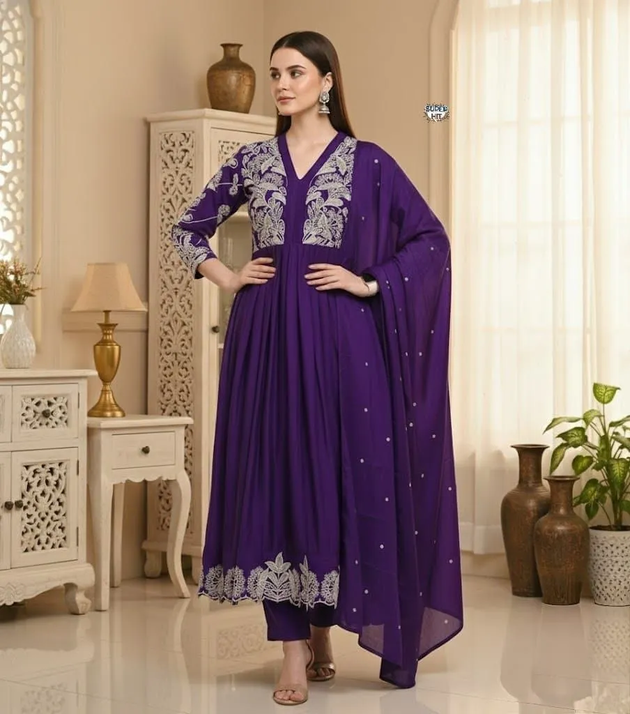 ATQ Roman Silk Embroidery Work Anarkali Gown Pant Dupatta Set