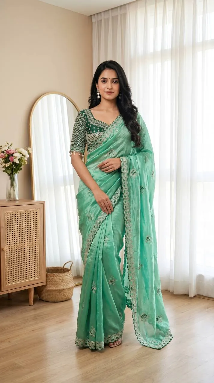 WMS Fandy Satin Embroidery Theard Work Wedding Wear Saree Collection