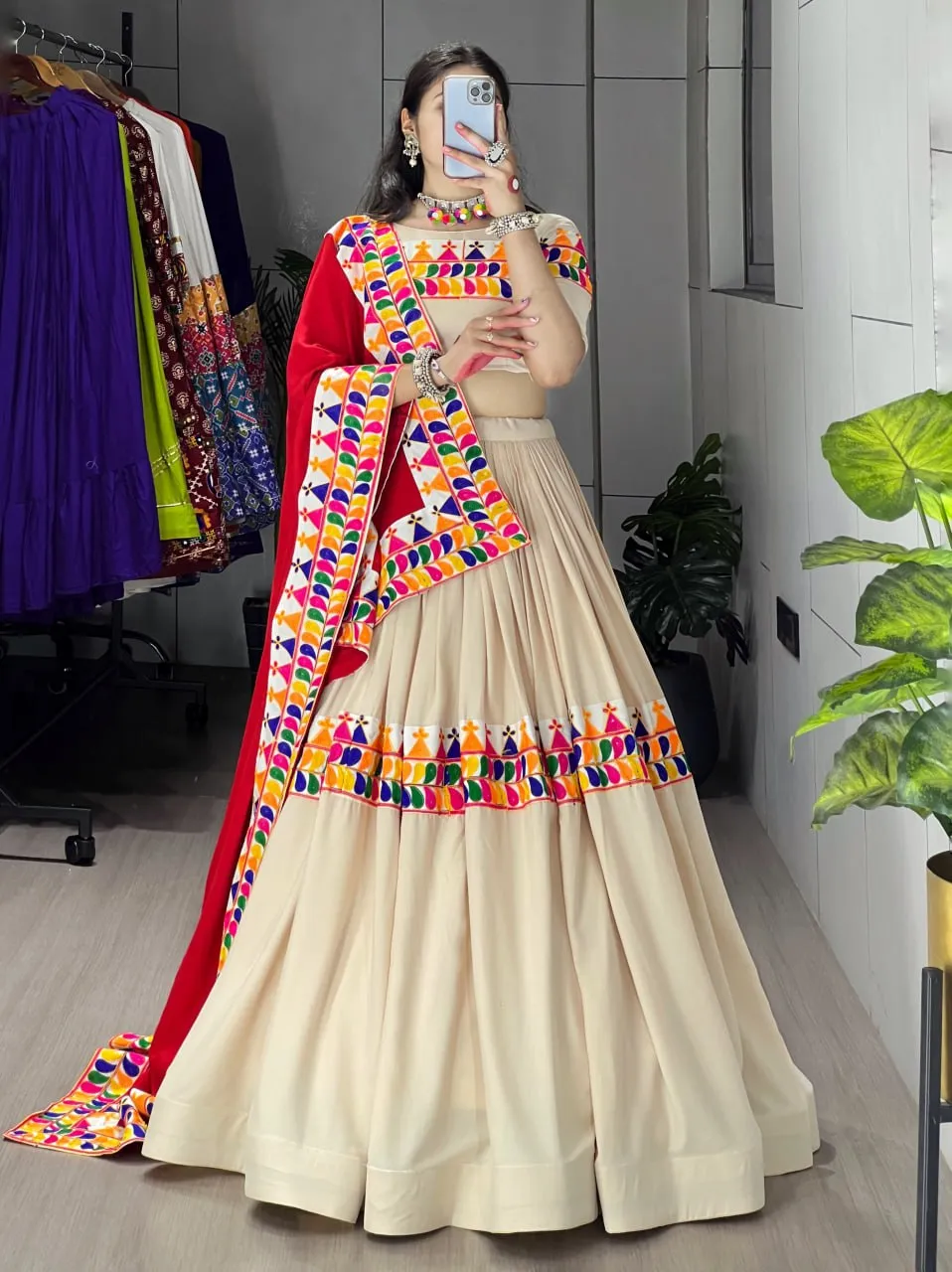 WMT 8073 Vannila Rayon Cotton Cream Color Gamthi Work Chaniya Choli Navratri In Surat