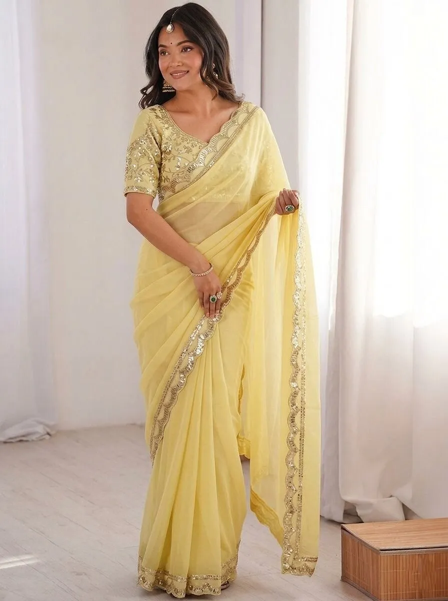 Kiara Sitara Moss Chiffon Designer Sequnce Work Saree India