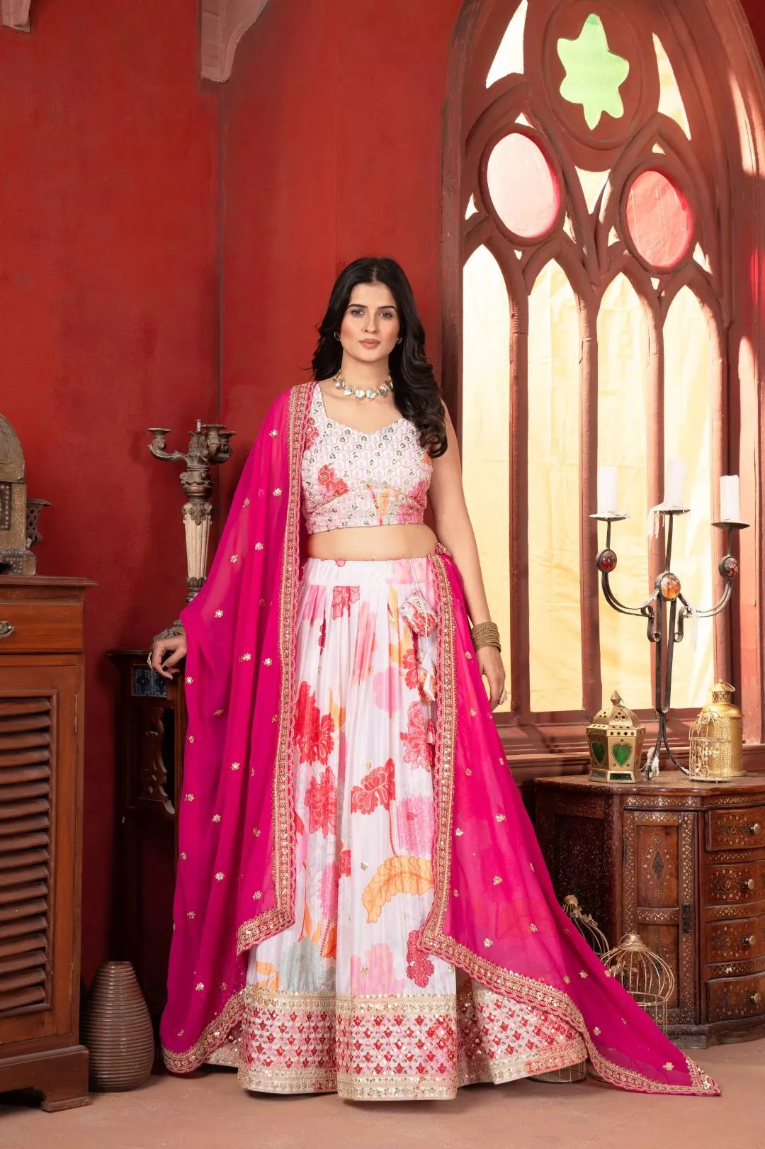 DKT 5081 Chinon Silk Printed Embroidery Wedding Wear Lehenga Choli