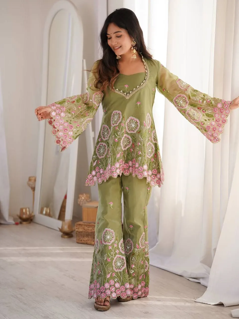 SBD 1849 Crushed Silk Embroidery Work Designer Top Palazzo Set