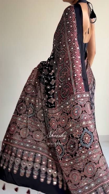 WMS Semi Model Silk Ajarakh Printed Mirror Work Saree Wholesale Surat