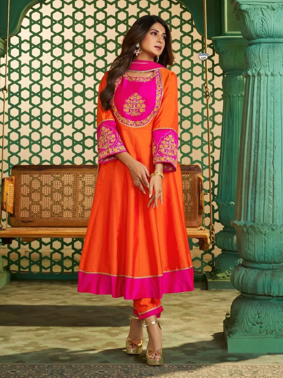 ATQ Muslin Cotton Embroidery Work Gown Pant Dupatta Set India