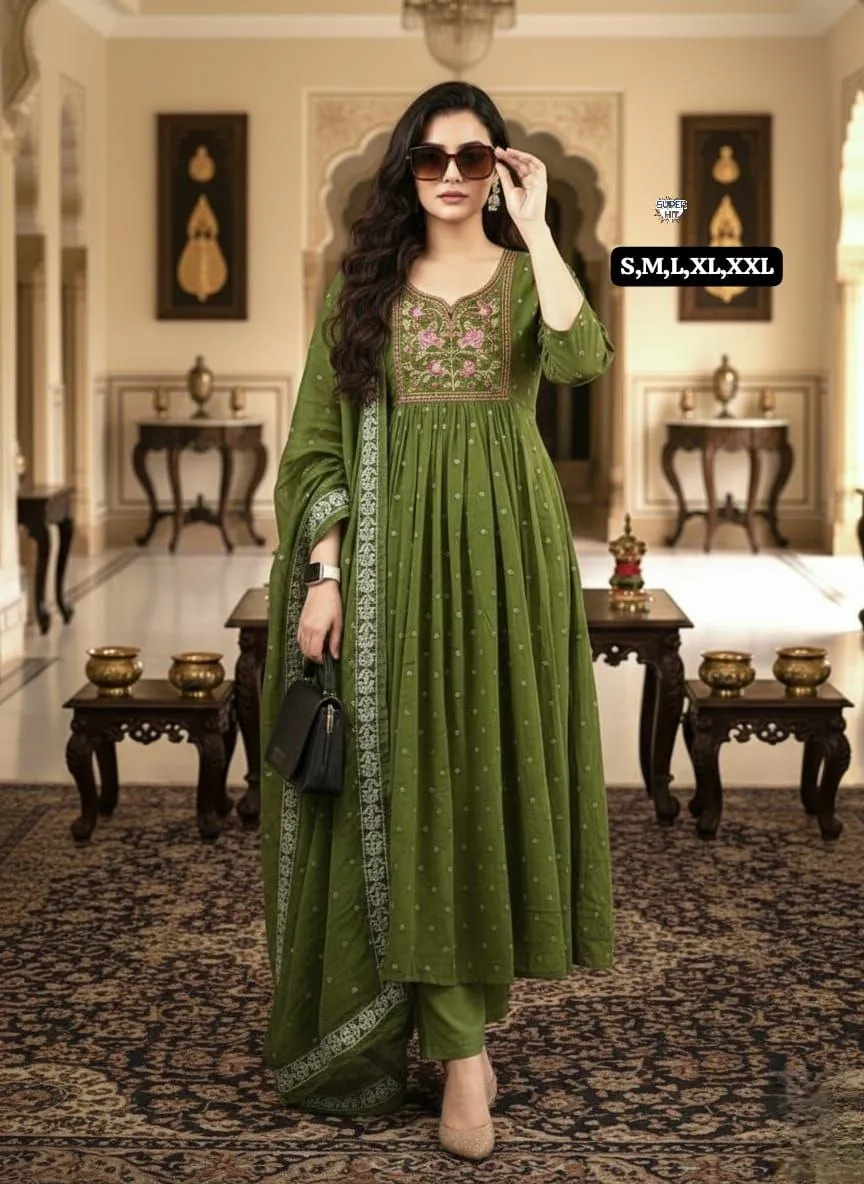 ATQ 2113 Cotton Embroidery Anarkali Gown Pant Dupatta Set