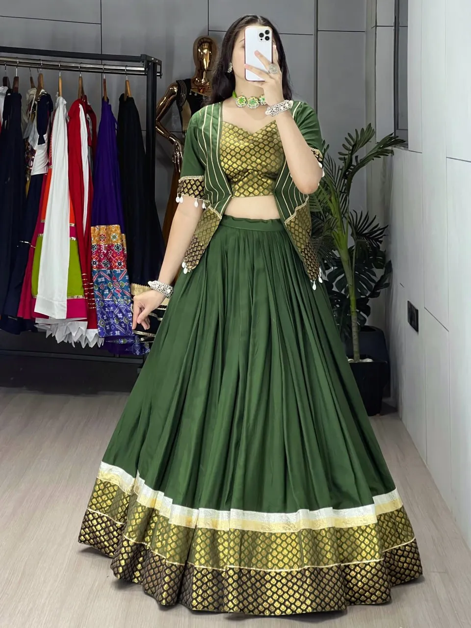 WMT 8061 Mhndi Rayon Cotton Butti Daaman Navratri Chaniya Choli Surat