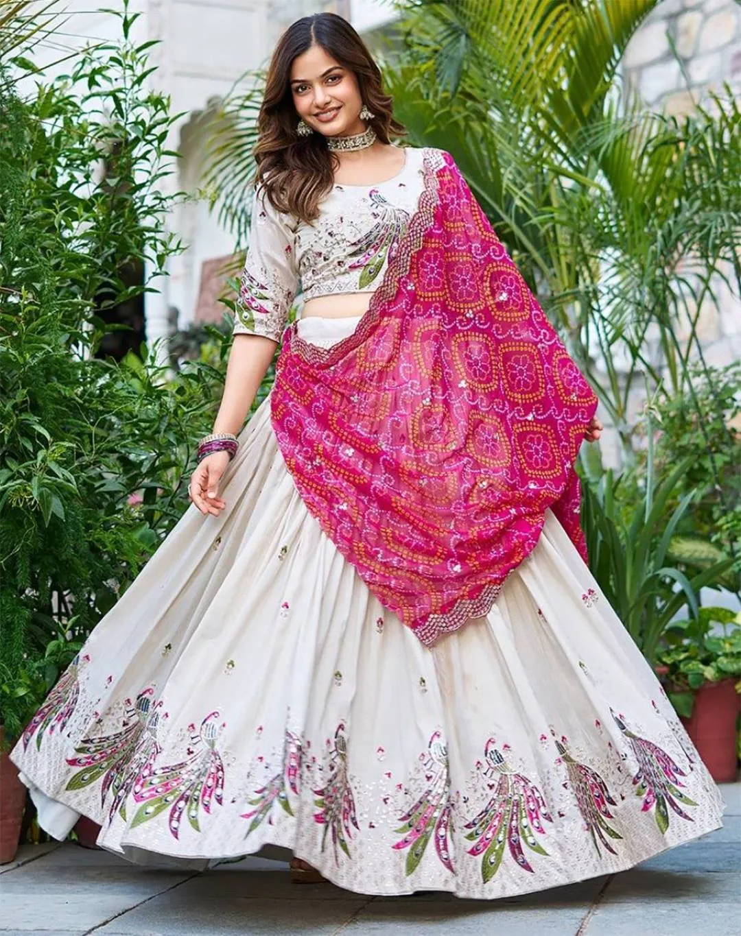 FFD Peacock Lehenga Chinon White Color Party Wear Lehenga Choli