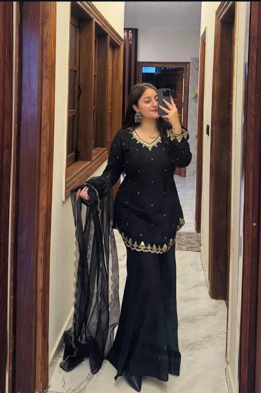 Zarin Ridhi Crep Silk Sequence Embroidery Work Top Palazzo Dupatta Set