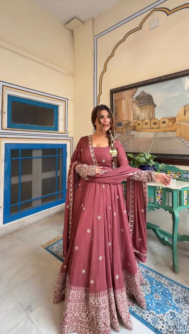Deepika 1589 Mul Chanderi Silk Old Rose Thread Work Wedding Gown Collection