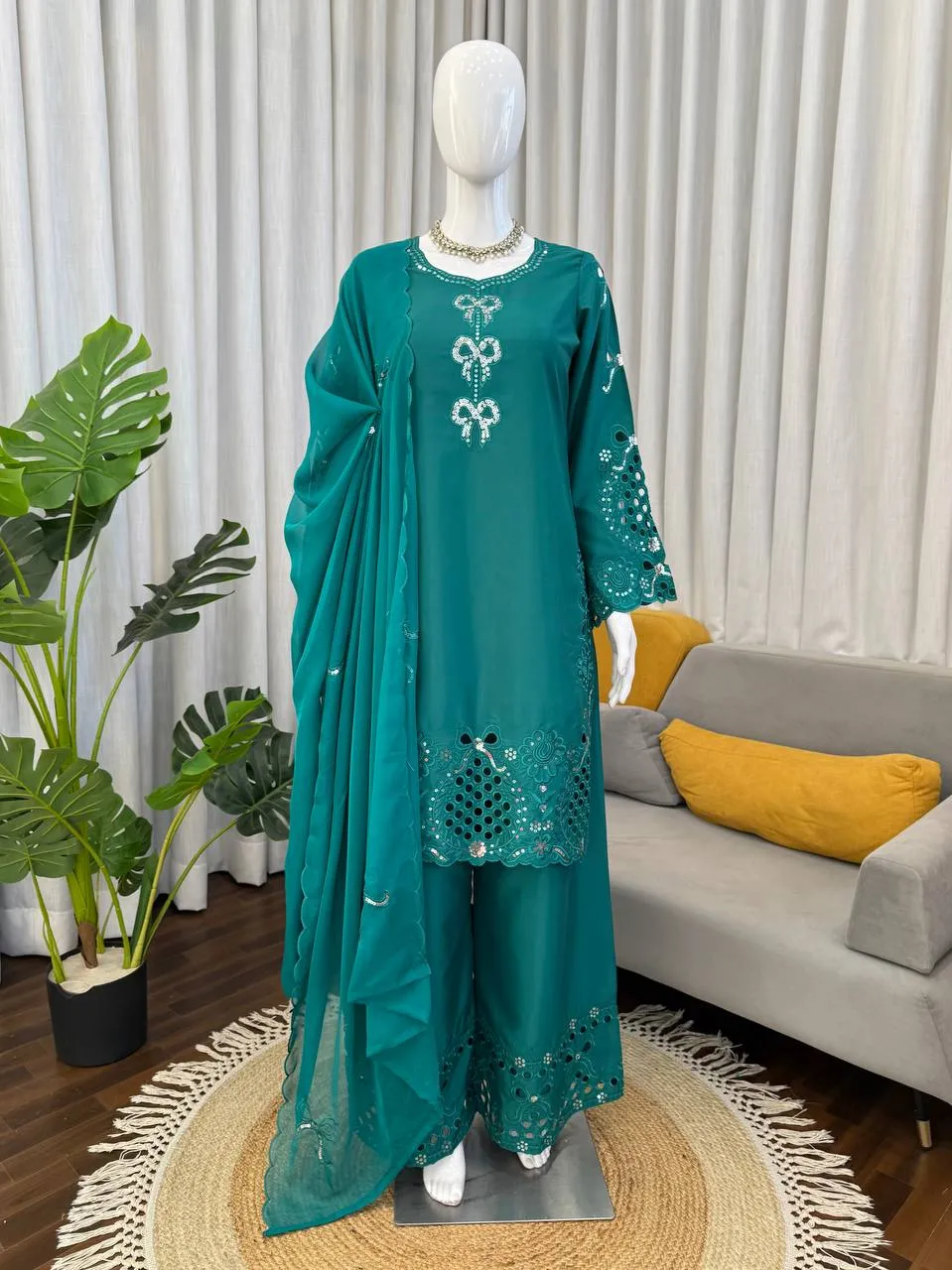 Deepika 1603 Crep Silk Thread Designer Teal Kurti Palzoo Set