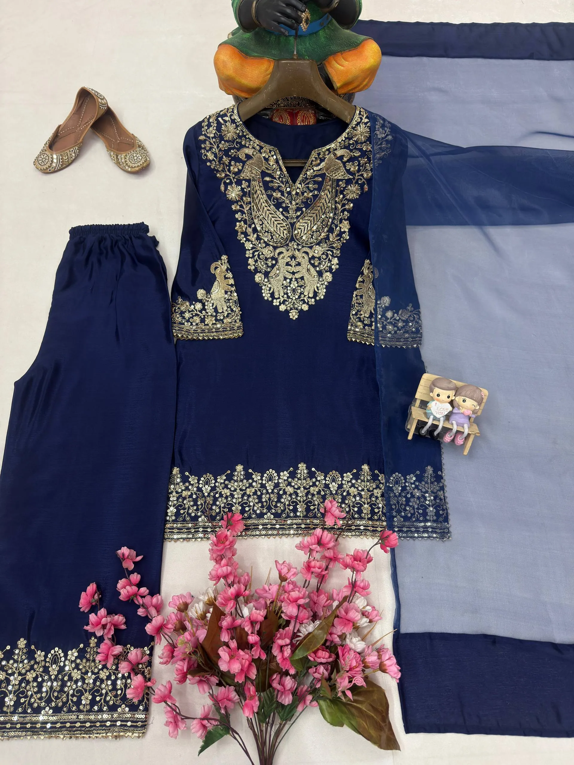 Buy C585 1452 Chinon Silk Embroidery Readymade Kurti Pant Set Wholesale 2026