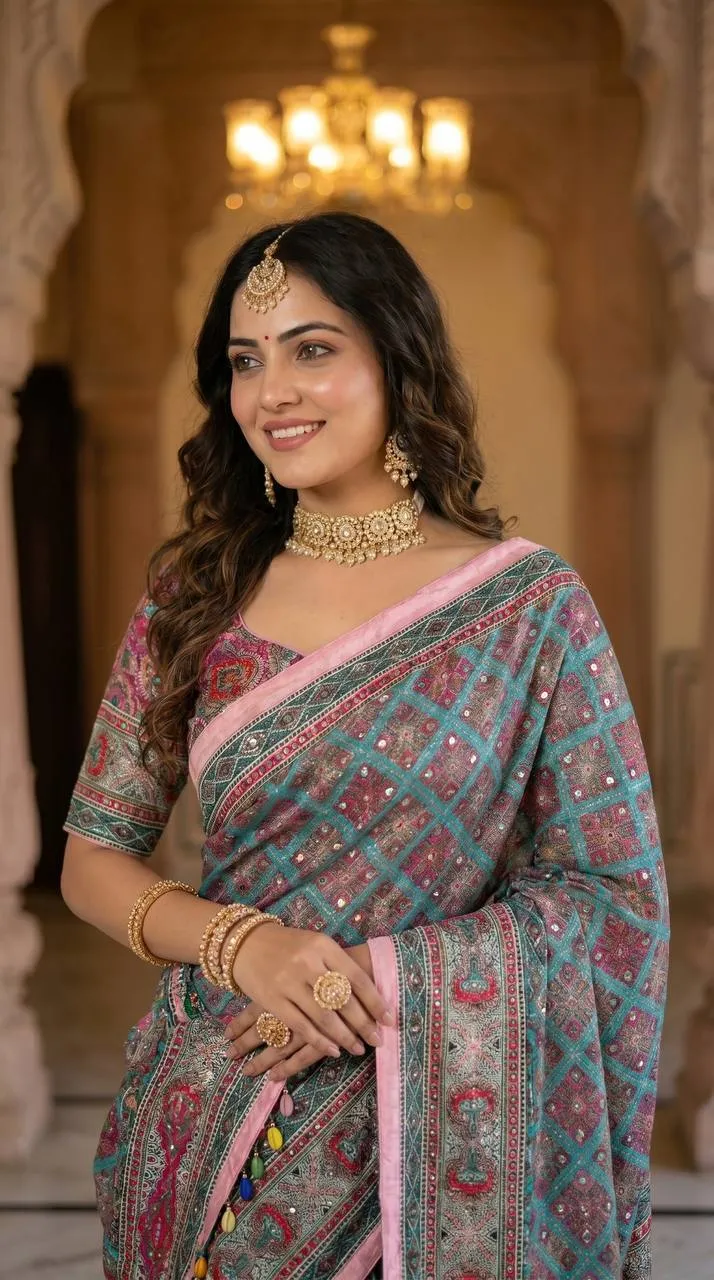 Buy WMS Roman Silk Ajarakh Printed Mirror Work Saree Wholesale Surat 2026