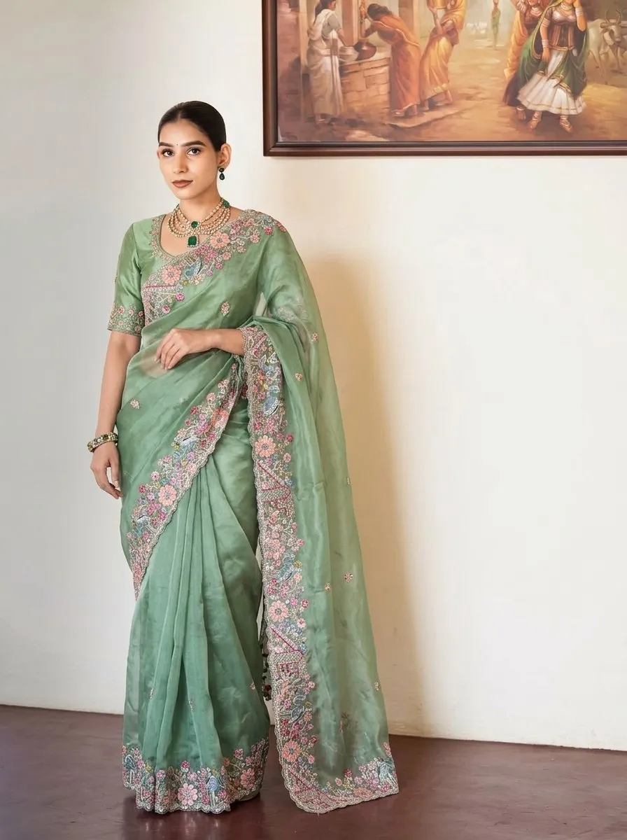 Beautiful Kiara Herons Tissue Silk Embroidery Work Saree Wholesale Surat 2026